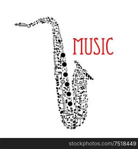 Musical notes forming silhouette of a saxophone with notes and chords of different duration, treble and bass clefs, rests, key signatures, forte and coda symbols. Music festival, jazz concert design. Saxophone with musical notes for music design