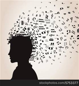 Musical notes from a head of the man. A vector illustration