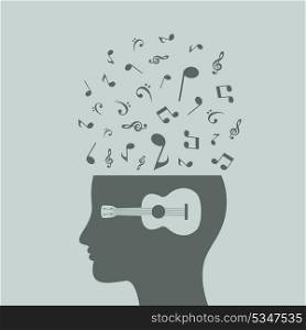 Musical notes in a head. A vector illustration
