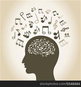 Musical notes inside and round a head of the person
