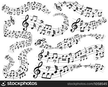 Musical notes. Music note swirl, melody pattern and sound waves with notes. Quaver musical song notes composition and treble clef isolated vector illustration symbols set. Musical notes. Music note swirl, melody pattern and sound waves with notes vector illustration set