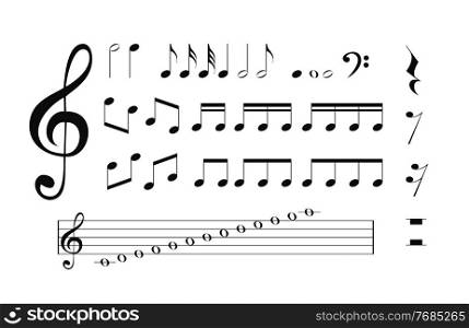 Musical notes, pauses, treble clef, music book Vector Illustration EPS10. Musical notes, pauses, treble clef, music book. Vector Illustration. EPS10