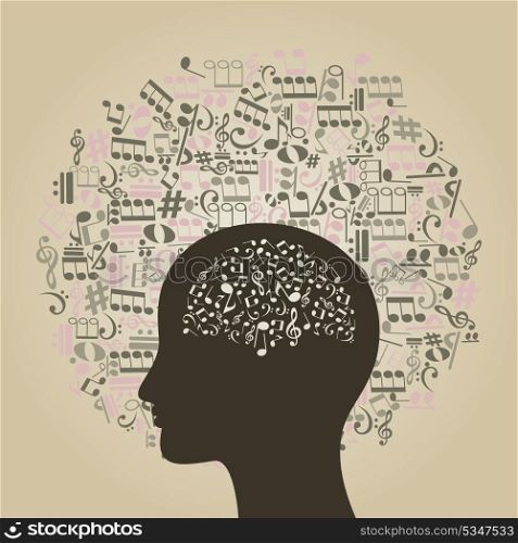 Musical notes round a head of the person. A vector illustration