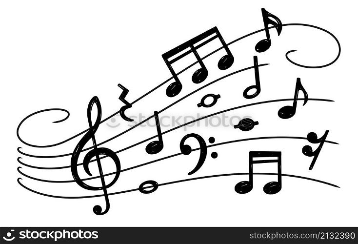 Musical notes wave. Orchestra note music, song score. Abstract sound, creativity wallpaper for musician. Clef and black musically signs swanky vector banner. Illustration of music composition. Musical notes wave. Orchestra note music, song score. Abstract sound, creativity wallpaper for musician. Clef and black musically signs swanky vector banner