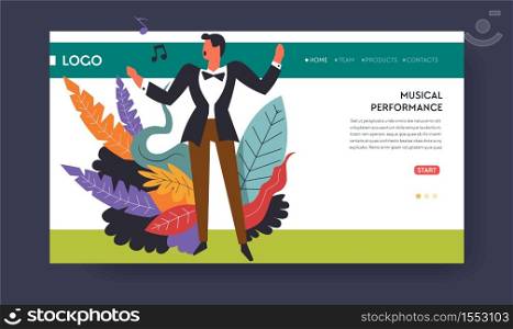 Musical performance or music concert singer web page template vector man in suit or vocalist singing song or opera art show online tickets order Internet site mockup melody notes and voice volume. Music concert or musical performance singer web page template