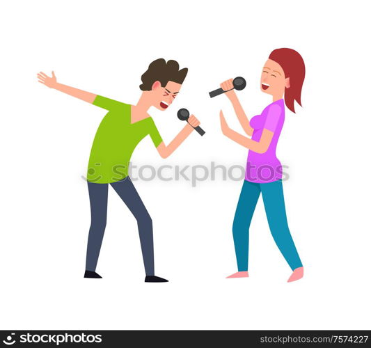 Musical performance, singers man and woman singing vector. Isolated people performing concert, music entertainment, male and female with microphone. Musical Performance, Singers Man and Woman Singing