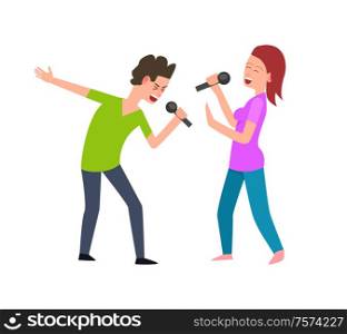 Musical performance, singers man and woman singing vector. Isolated people performing concert, music entertainment, male and female with microphone. Musical Performance, Singers Man and Woman Singing