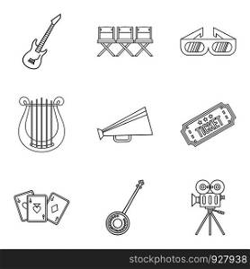 Musical show icons set. Outline set of 9 musical show vector icons for web isolated on white background. Musical show icons set, outline style