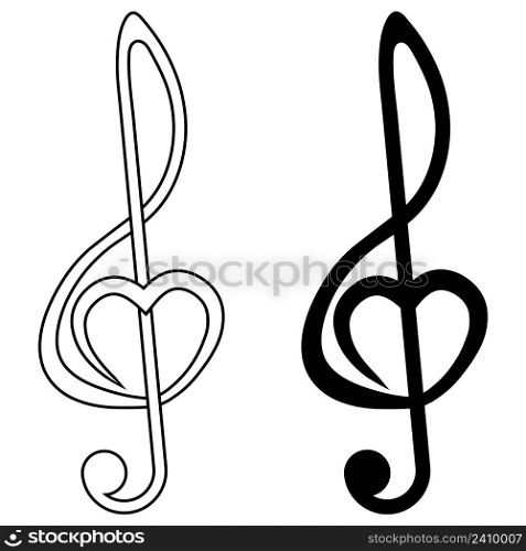 Musical sign treble clef with heart, vector sign of love for music, symbol of music fan audiophile