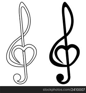 Musical sign treble clef with heart, vector sign of love for music, symbol of music fan audiophile