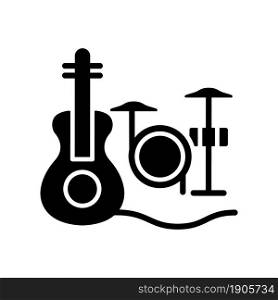 Musical talent black glyph icon. Playing musical instruments. Gifted musician. Classical music performance. Hobby and entertainment. Silhouette symbol on white space. Vector isolated illustration. Musical talent black glyph icon