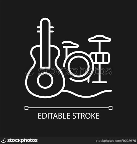 Musical talent white linear icon for dark theme. Playing musical instruments. Gifted musician. Thin line customizable illustration. Isolated vector contour symbol for night mode. Editable stroke. Musical talent white linear icon for dark theme