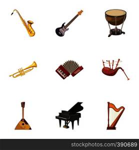 Musical tools icons set. Cartoon illustration of 9 musical tools vector icons for web. Musical tools icons set, cartoon style