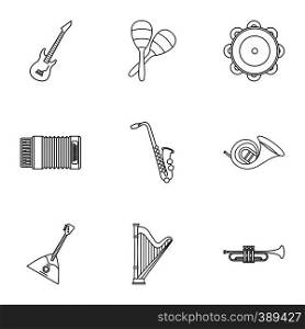 Musical tools icons set. Outline illustration of 9 musical tools vector icons for web. Musical tools icons set, outline style