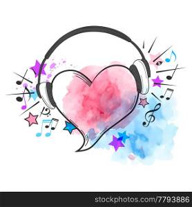Musical vector watercolor background with red heart and headphones