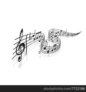 Musical wave with vector notes of sheet music and shadows. Black swirl of music staff or stave with melody or song notes, treble clef, flat tone symbol and bar lines, musical notation themes. Musical wave with vector notes of sheet music