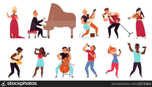 Musician and singers. People singing, rocker musicians character. Isolated cartoon rap stars, music concert or performance decent vector set. Illustration music singer, rocker young with instrument. Musician and singers. People singing, rocker musicians character. Isolated cartoon rap stars, music concert or performance decent vector set