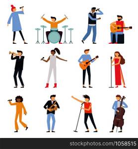 Musician artists. Guitar playing artist, young drummer and pop song singer. Musical instruments stage players or people music hobby. Artistic performer character isolated flat vector icons set. Musician artists. Guitar playing artist, young drummer and pop song singer. Musical instruments stage players isolated flat vector set