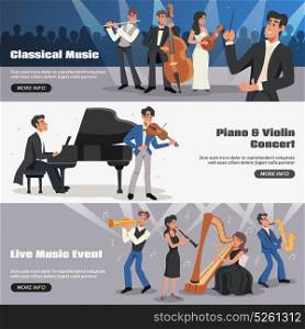 Musician Banner Set. Three horizontal musician banner set with classical music piano and violin concert live music event descriptions vector illustration