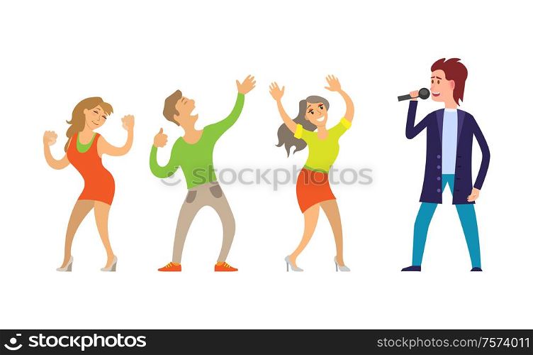 Musician giving performance for people dancing on music vector. Partying in club, clubbing male and females, couple and woman dancers relaxing together. Musician Giving Performance for People Dancing