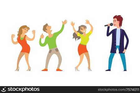 Musician giving performance for people dancing on music vector. Partying in club, clubbing male and females, couple and woman dancers relaxing together. Musician Giving Performance for People Dancing