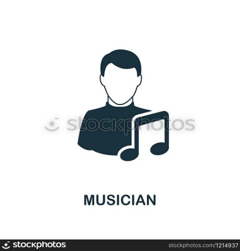 Musician icon. Monochrome style design from professions collection. UI. Pixel perfect simple pictogram musician icon. Web design, apps, software, print usage.. Musician icon. Monochrome style design from professions icon collection. UI. Pixel perfect simple pictogram musician icon. Web design, apps, software, print usage.