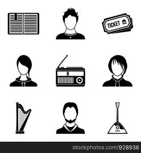 Musician icons set. Simple set of 9 musician vector icons for web isolated on white background. Musician icons set, simple style