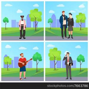 Musician male holding acoustic guitar instrument vector. People in park surrounded by trees and bushes. Businessman and couple, teenager female character. People Spending Time in Park Couple and Musician
