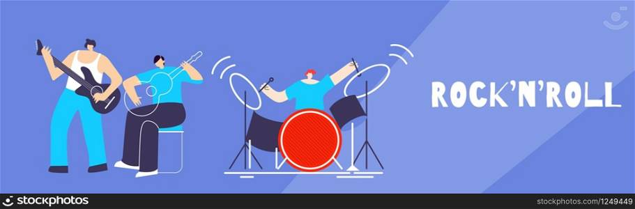 Musician People Doing Rock-n-roll. Rock Band Playing Musical Instrument on Stage. Man Guitarists Drummer. Festival Promotion Advertising Live Sound Concert. Flat Horizontal Banner Vector illustration. Musician Band People Doing Rock-n-roll Flat Banner
