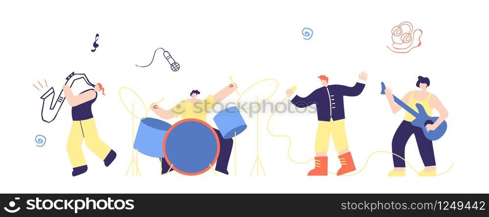 Musician People Rock Pop Boys Band Flat Vector Illustration. Group Man Play Music Instruments Bass Guitar Drum Sing Saxophone on Concert Stage Cartoon. Festival Talent Show Live Sound Party Holiday. Musician People Rock Pop Boys Band Flat Cartoon