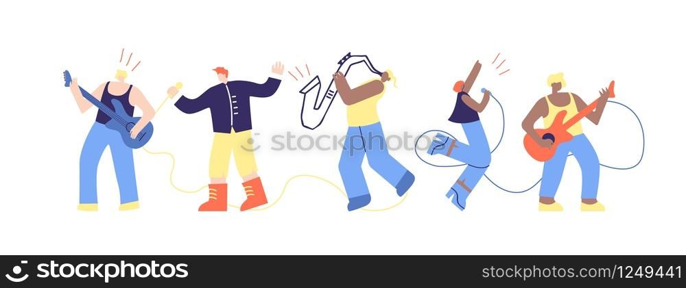Musician People Talent Show Flat Cartoon Character Vector Illustration Man Rock Roll Band Musician Ensemble Artists Play Music Instruments Sing on Stage Concert Festival Party Marathon Live Sound. Musician People Characters Flat Festival Cartoon