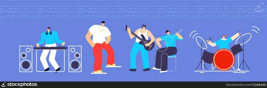 Musician People with Instruments Give Concert. Flat Cartoon Man Characters Playing Rock Dancing Hip Hop Mixing Music Track on Turntables. Guitar Drum Disco Live Sound Festival Flat Vector Illustration. Musician Instruments People Concert Flat Cartoon
