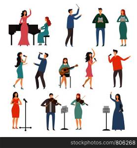 Musician persons in different music duets. Vector characters of singers. Illustration of music singer, musician man character. Musician persons in different music duets. Vector characters of singers