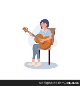 Musician playing guitar. Happy young woman guitarist with musical acoustic instrument. woman holding acoustic guitar