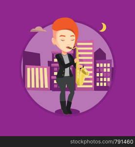 Musician playing on saxophone. Caucasian woman playing on saxophone in the night. Musician with saxophone in the city street. Vector flat design illustration in the circle isolated on background.. Musician playing on saxophone vector illustration.