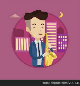 Musician playing on saxophone. Man with his eyes closed playing on saxophone in the night. Man with saxophone in the city street. Vector flat design illustration in the circle isolated on background.. Musician playing on saxophone vector illustration.