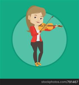 Musician playing violin. Cheerful violinist playing classical music on violin. Caucasian female musician standing with violin. Vector flat design illustration in the circle isolated on background.. Woman playing violin vector illustration.