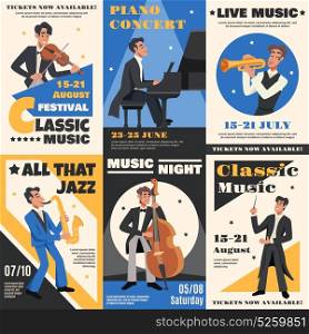 Musician Poster Banner Set. Colored musician poster banner set with classic music festival piano concert all that jazz descriptions vector illustration