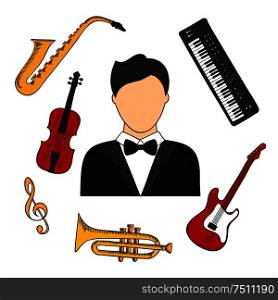 Musician profession and musical instruments colorful icons of man in tailcoat surrounded by electric guitar, trumpet, violin, saxophone, treble clef and synthesizer. Vector color sketched icons. Musician and musical instruments icons