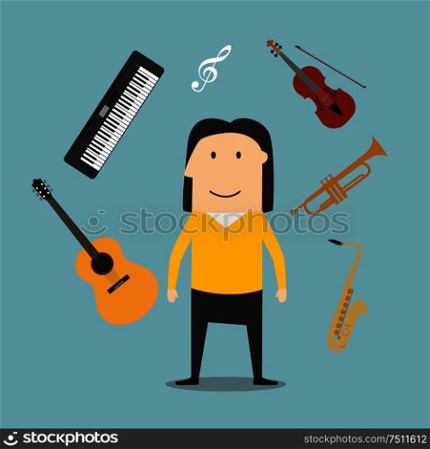 Musician profession icons with man surrounded by electric guitar and trumpet, violin and saxophone, treble clef and synthesizer musical instruments. Musician and musical instruments icons