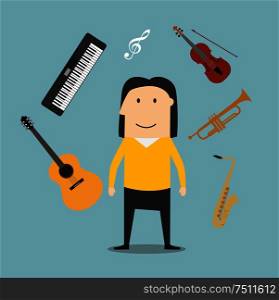 Musician profession icons with man surrounded by electric guitar and trumpet, violin and saxophone, treble clef and synthesizer musical instruments. Musician and musical instruments icons