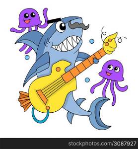 musician shark in action playing electric guitar in the sea
