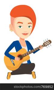 Musician sitting with guitar in hands. Caucasian musician playing an acoustic guitar. Young female guitarist practicing in playing guitar. Vector flat design illustration isolated on white background.. Woman playing acoustic guitar vector illustration.