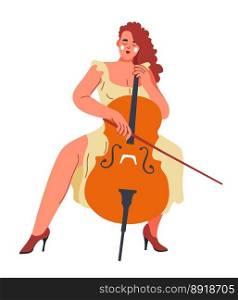 Musician with instrument, isolated woman playing on cello. Lady practicing on violoncello for concert, festival or performance. Musical performer practicing. Cartoon character, vector in flat style. Woman playing on cello, musician with instrument