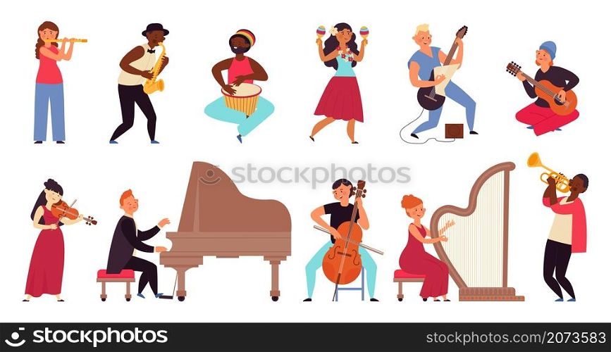Musicians characters. Flat pop star, young people band. Cartoon guitarist, jazz concert and singer. Isolated music artist decent vector set. Illustration jazz music and rock band play. Musicians characters. Flat pop star, young people band. Cartoon guitarist, jazz concert and singer. Isolated music artist decent vector set