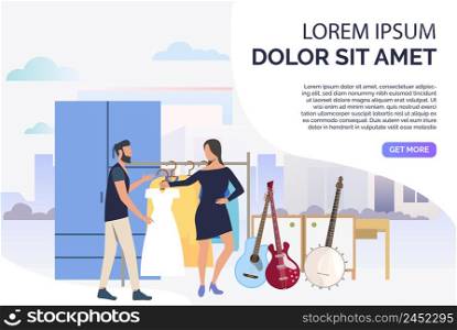Musicians choosing clothes for concert. Shopping, guitar, dress, sample text. Marketing concept. Vector illustration for poster, presentation, new project