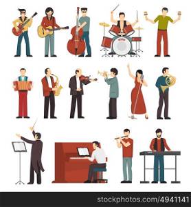 Musicians Color Icons Set. Colored musicians figures with different musical Instruments icons set of conductor guitarist singer drummer trumpet contrabass player flat isolated vector illustration
