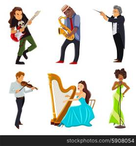 Musicians flat icons set. Musicians playing harp violin guitar saxophone and symphony orchestra conductor flat icons set abstract isolated vector illustration