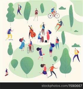 Musicians in park. Music band with guitars and musical instruments performing outdoor surrounded by trees. Vector illustration. Musician band in green public park. Musicians in park. Music band with guitars and musical instruments performing outdoor surrounded by trees. Vector illustration
