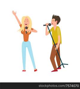 Musicians man and woman, singing together duo vector. Female and male performers holding microphones, entertainment concert. Blonde and brunette vocalists. Musicians Man and Woman, Singing Together Duo